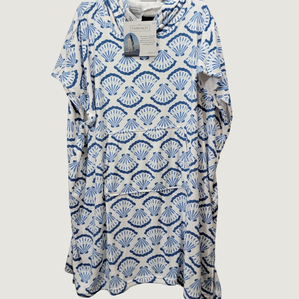 Throwzy by Marlo Hooded Coverup Women One Size Blue White Seashells Beach Poncho
